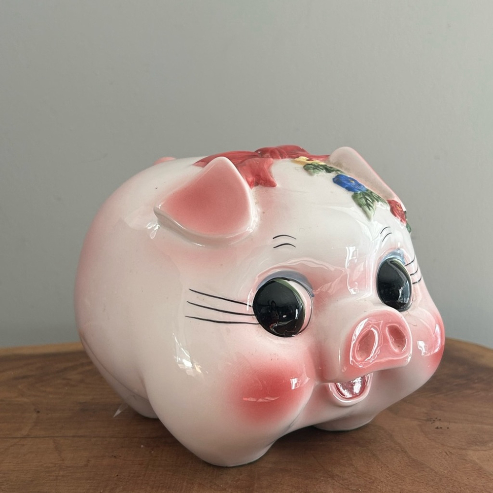 Vintage Pink Ceramic Piggy Bank with Pink Bow